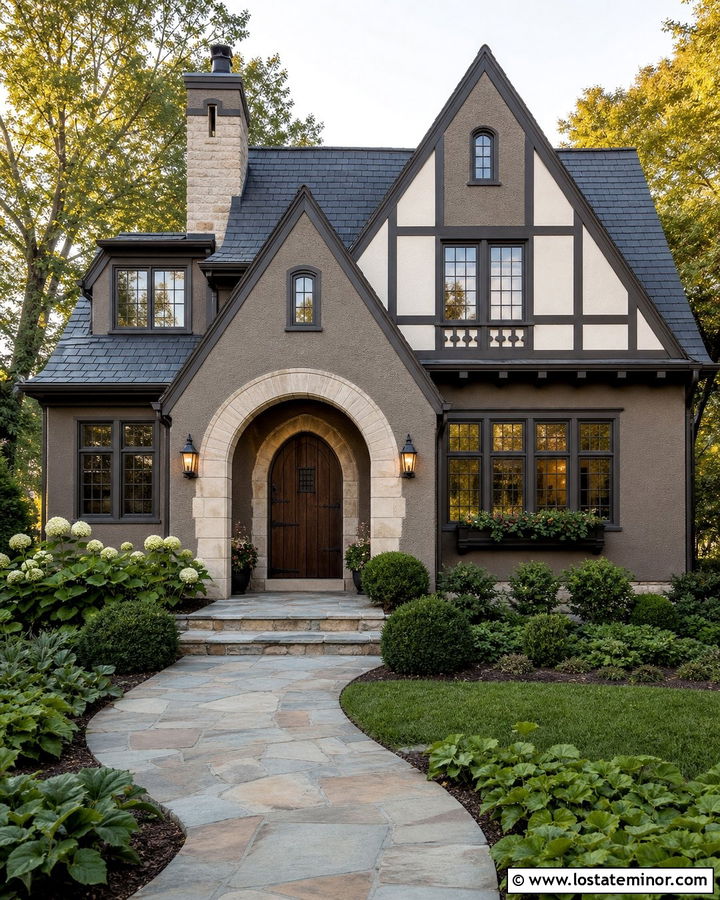 Greige Tudor House With Arched Front Porch - 30 Greige House Design With Front Porch Ideas