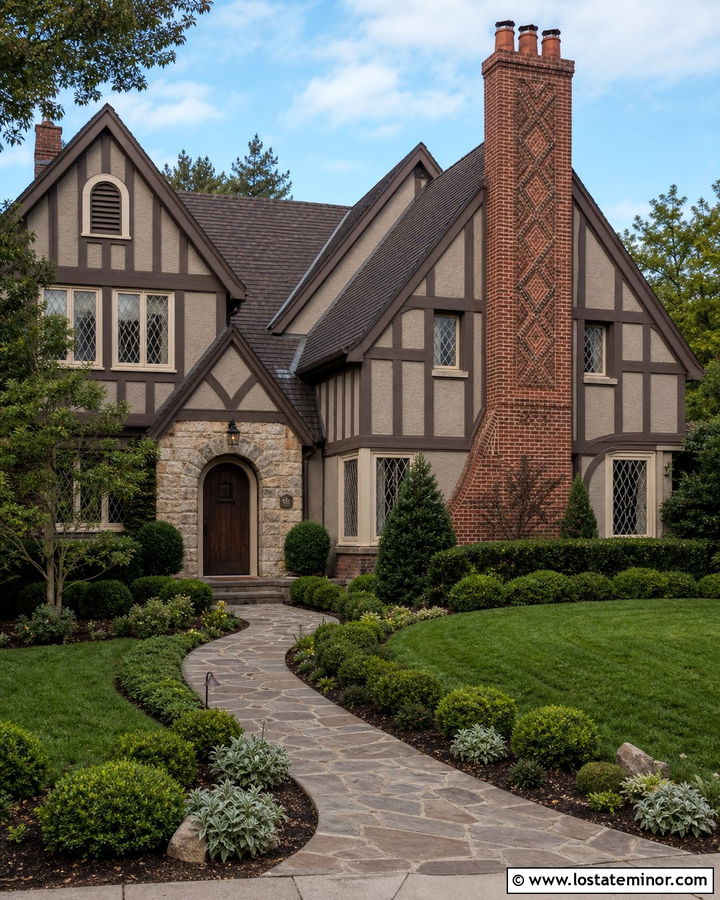 Greige Tudor House With Brick Chimney - 30 Greige House Design With Chimney Ideas
