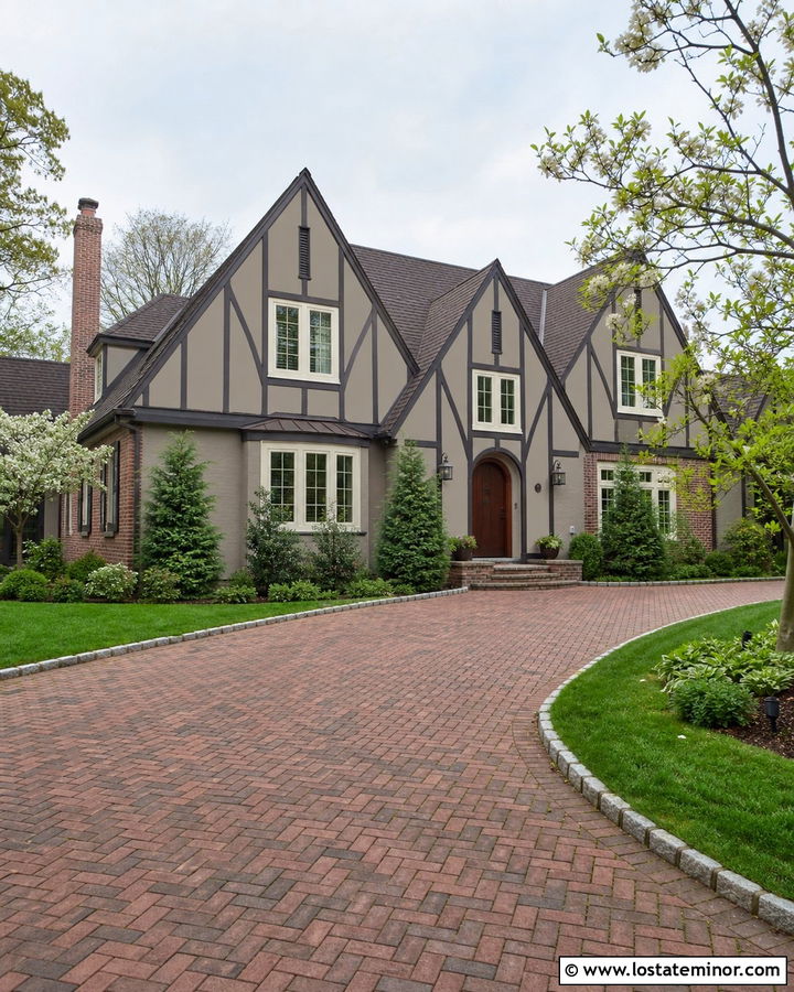 Greige Tudor House With Brick Driveway - 30 Greige House Design With Driveway Ideas