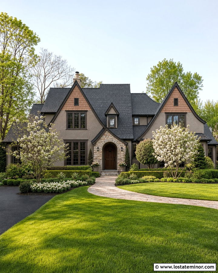 Greige Tudor House With Cedar Shake Gables - 30 Greige House Design With Cedar Shake Ideas