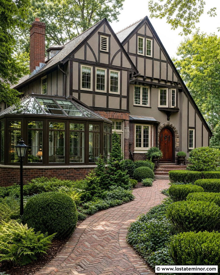 Greige Tudor House With Conservatory Sunroom - 30 Greige House Design With Sunroom Ideas
