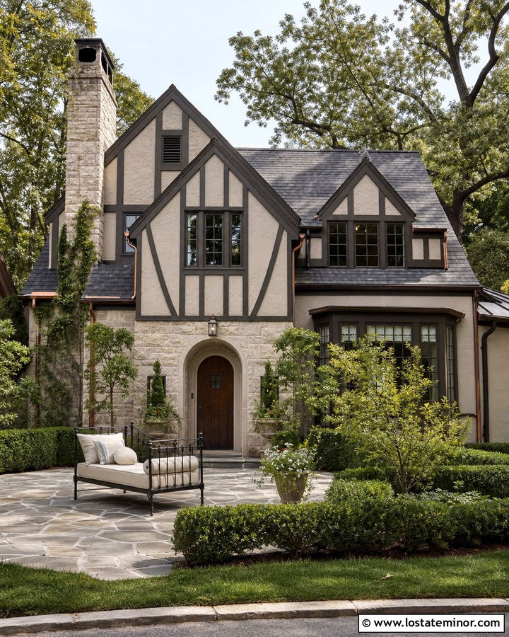 Greige Tudor House With Courtyard Daybed - 30 Greige House Design With Daybed Ideas