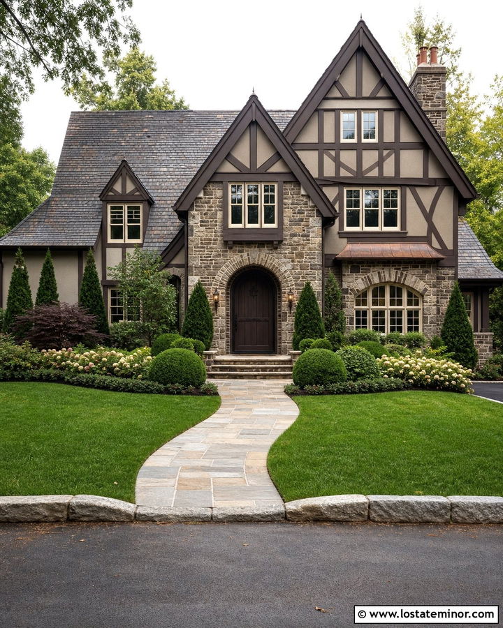 Greige Tudor House With Dark Brown Door - 30 Greige House Design With Entry Door Ideas