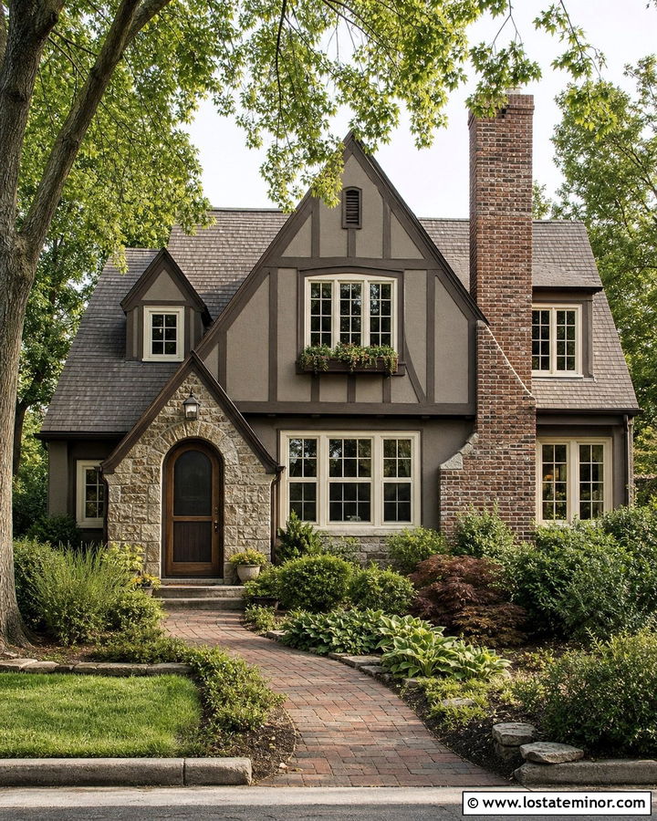 Greige Tudor House With Dark Brown Screen Door - 30 Greige House Design With Screen Door Ideas
