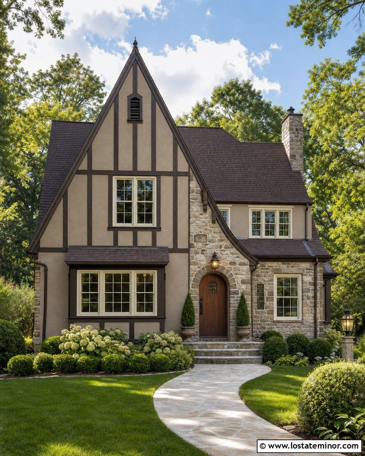 Greige Tudor House With Dark Brown Shingles - 30 Greige House Design With Shingles Ideas