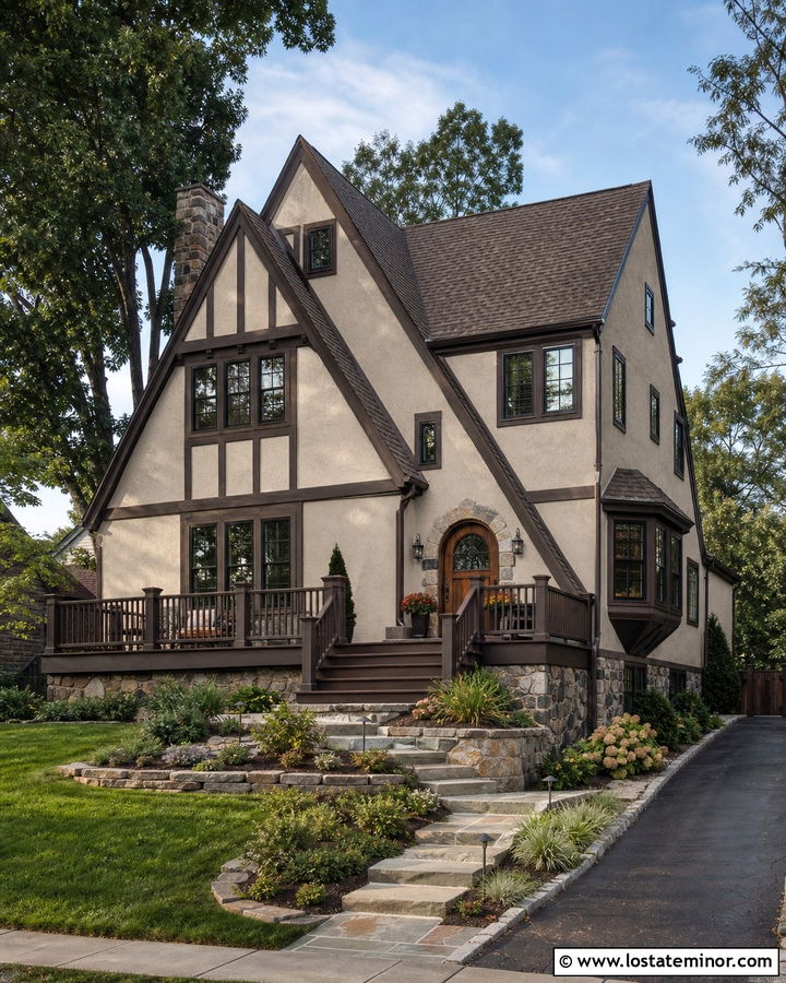 Greige Tudor House With Espresso Deck - 30 Greige House Design With Deck Ideas