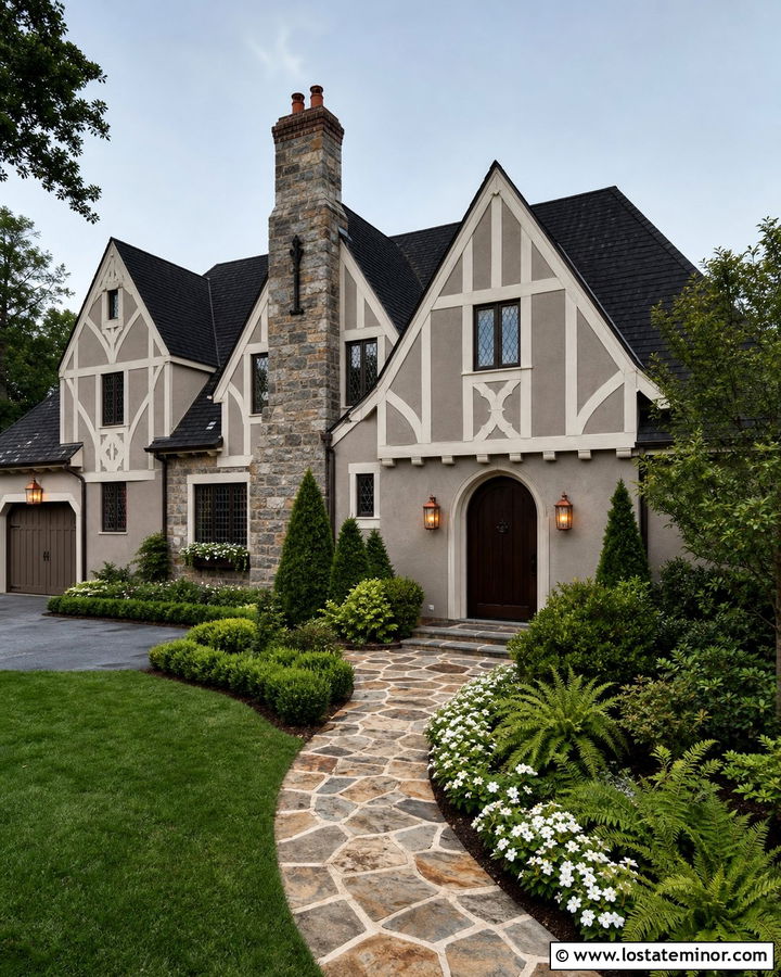 Greige Tudor House With Fieldstone Walkway - 30 Greige House Design With Walkway Ideas