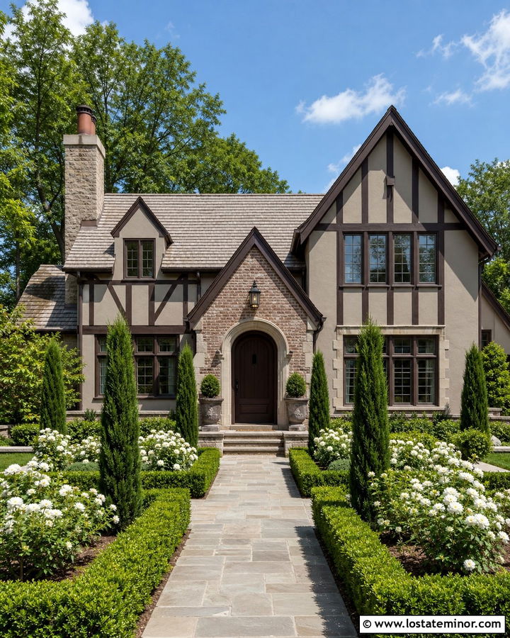Greige Tudor House With Formal Front Garden - 30 Greige House Design With Front Yard Ideas