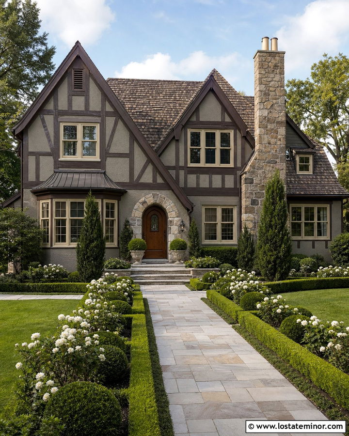 Greige Tudor House With Formal Landscaping - 30 Greige House Design With Landscaping Ideas