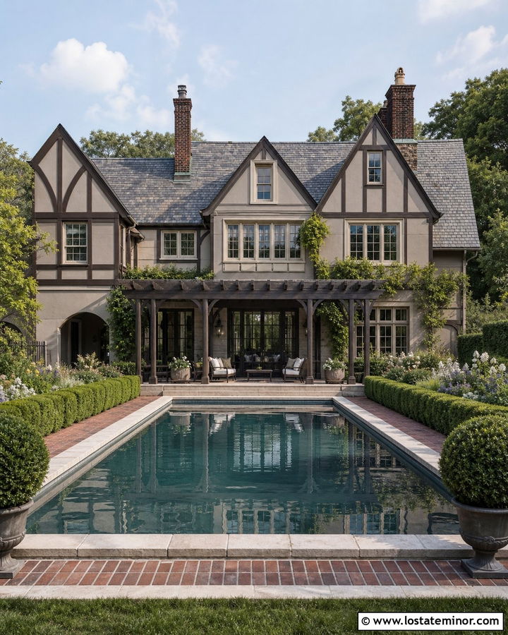 Greige Tudor House With Pool - 30 Greige House Design With Swimming Pool Ideas