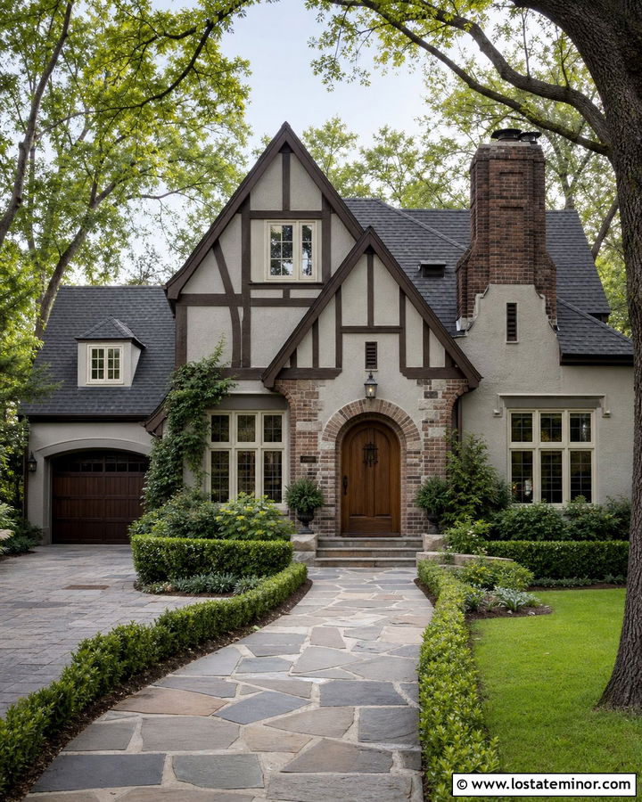 Greige Tudor House With Steep Gables - 30 Greige House Design With Gables Ideas