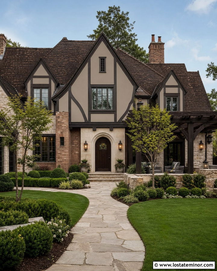 Greige Tudor House With Timber Pergola - 30 Greige House Design With Pergola Ideas