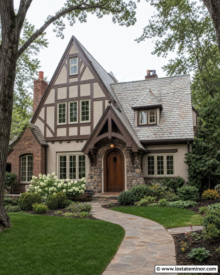 Greige Tudor House With Timber Portico - 30 Greige House Design With Portico Ideas