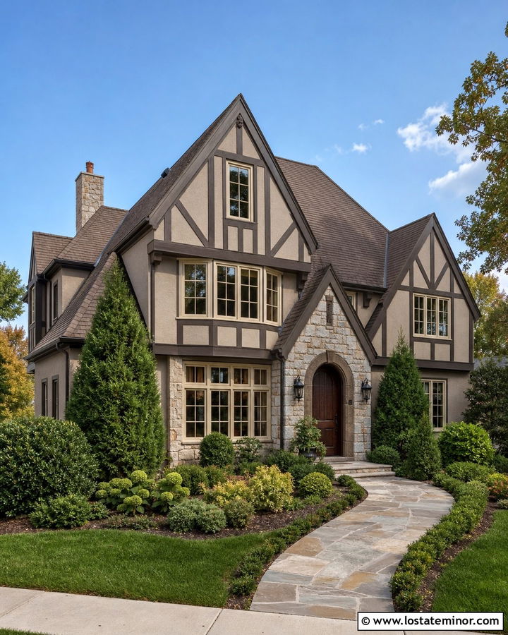 Greige Tudor House With Wall Dormers - 30 Greige House Design With Dormers Ideas
