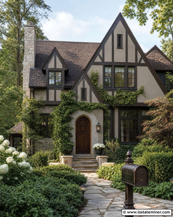 Greige Tudor With Bronze Mailbox - 30 Greige House Design With Mailbox Ideas
