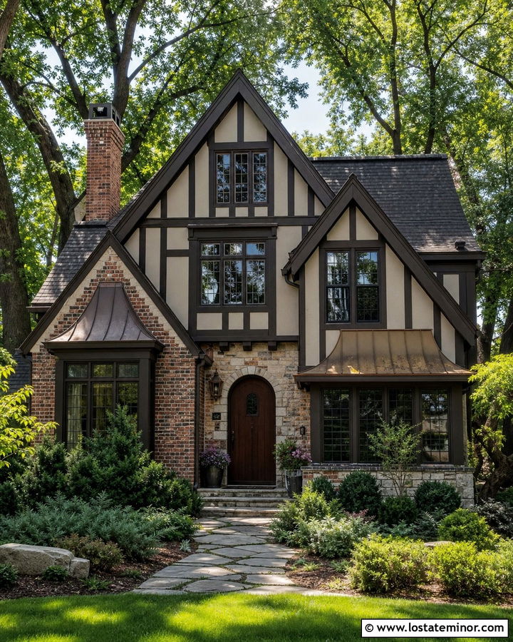 Greige Tudor With Bronze Window Awnings - 30 Greige House Design With Awning Ideas