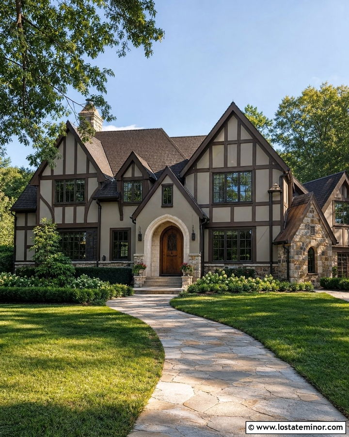 Greige Tudor With Dark Bronze Window Frames - 30 Greige House Design With Window Frames Ideas