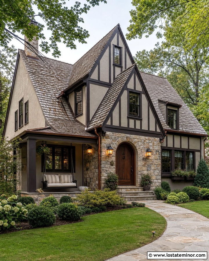 Greige Tudor With Dark Brown Swing - 30 Greige House Design With Swing Ideas