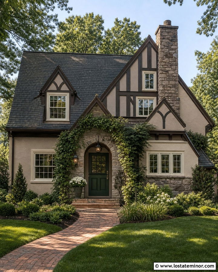 Greige Tudor With Dark Green Dutch Door - 30 Greige House Design With Dutch Door Ideas