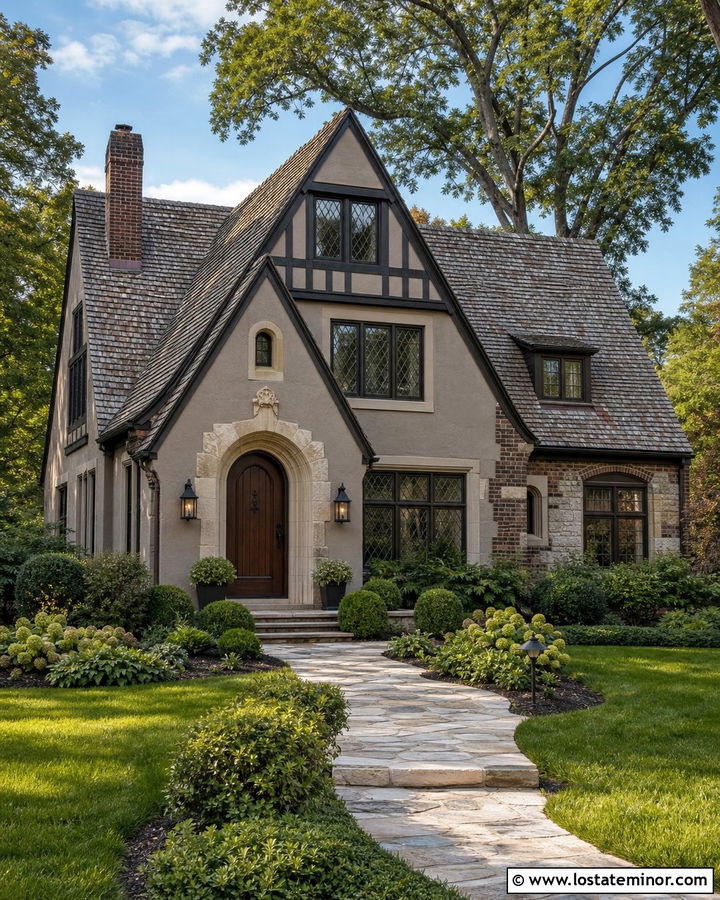 Greige Tudor With Leaded Glass Lighting - 30 Greige House Design With Lighting Ideas