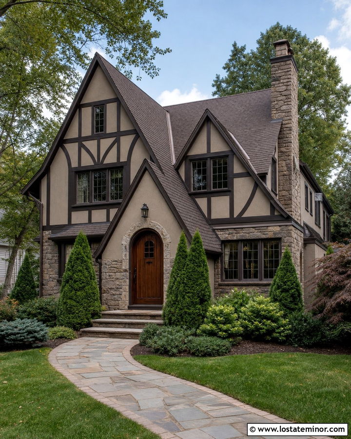 Greige Tudor With Rough Stone Wainscoting - 30 Greige House Design With Wainscoting Ideas