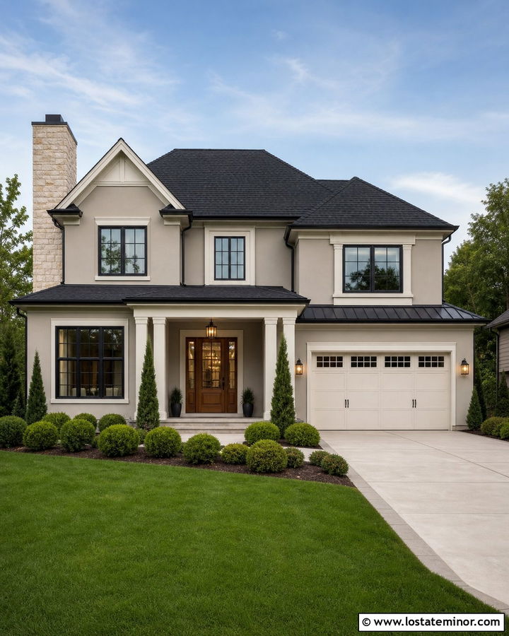Greige Two Story House With Black Shingles - 30 Greige House Design With Shingles Ideas