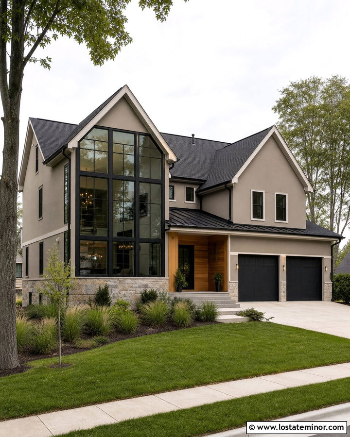 Greige Two Story House With Double Height Sunroom - 30 Greige House Design With Sunroom Ideas