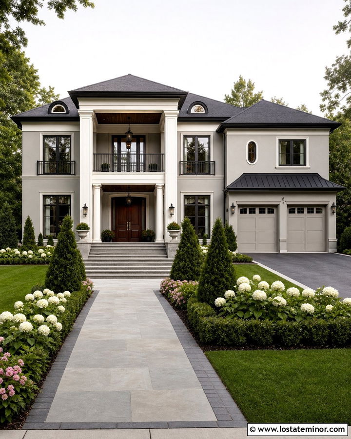 Greige Two Story House With Double Portico - 30 Greige House Design With Portico Ideas