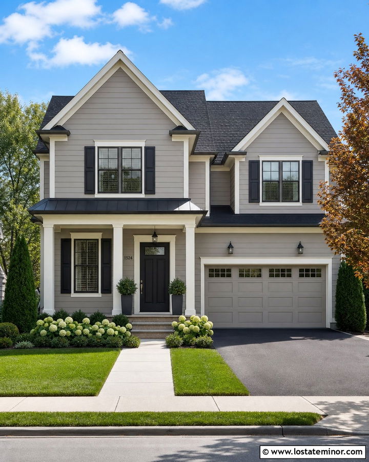 Greige Two Story House With Foundation Planting - 30 Greige House Design With Landscaping Ideas