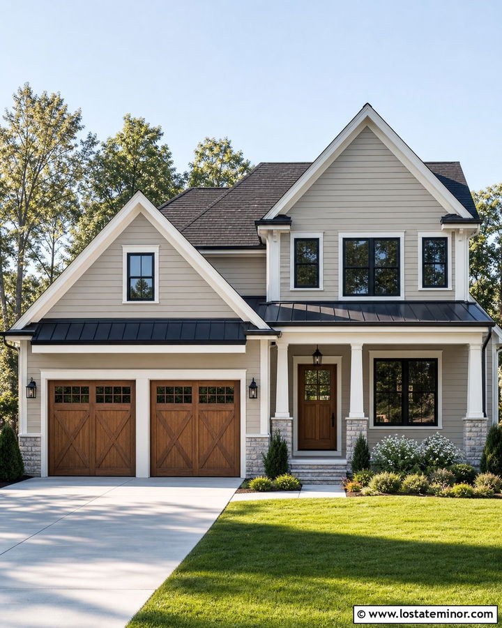 Greige Two Story House With Garage Awning - 30 Greige House Design With Awning Ideas