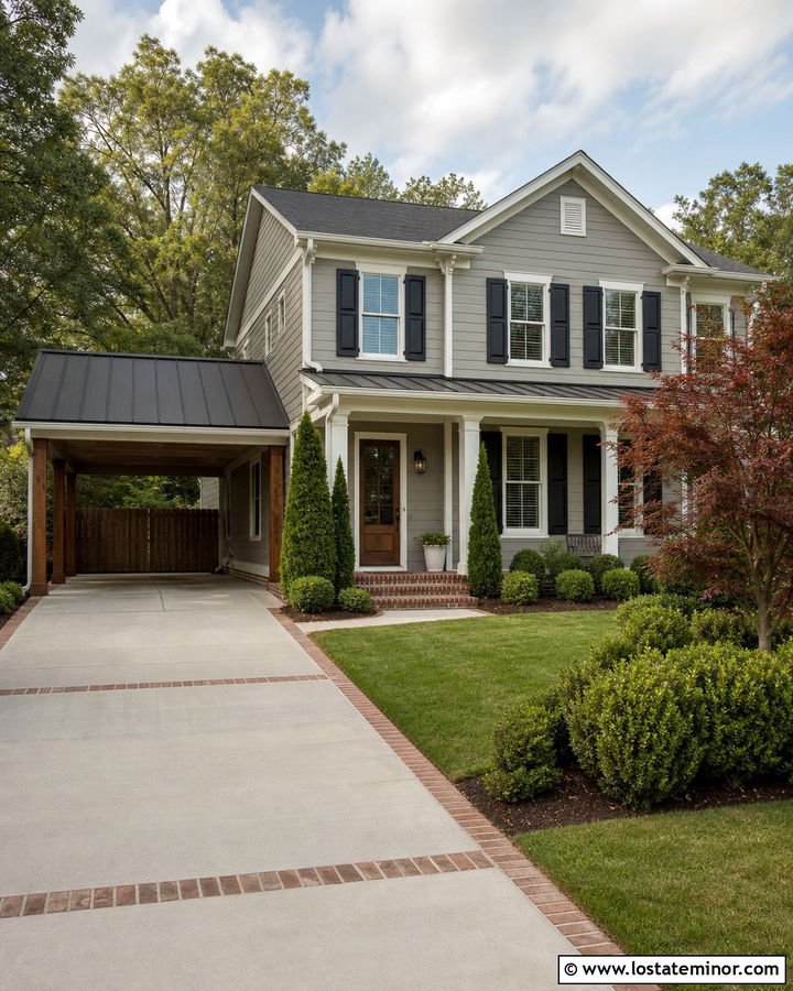 Greige Two Story House With Lean To Carport - 30 Greige House Design With Carport Ideas
