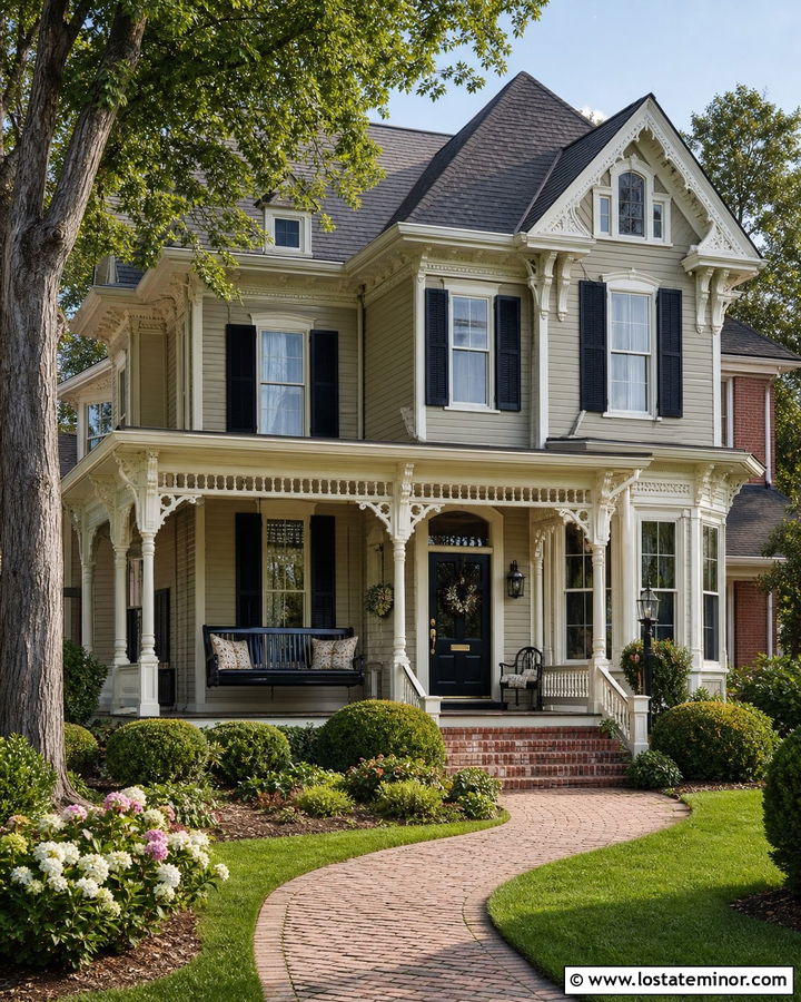 Greige Victorian House With Black Porch Swing - 30 Greige House Design With Swing Ideas