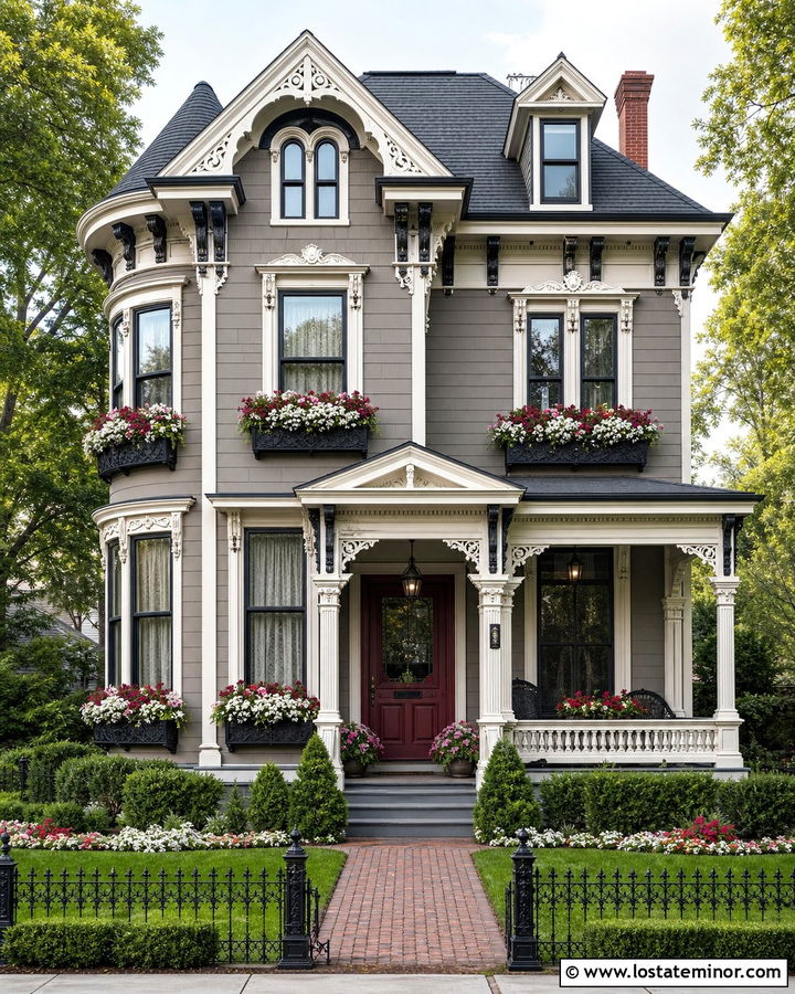 Greige Victorian House With Black Window Boxes - 30 Greige House Design With Window Boxes Ideas
