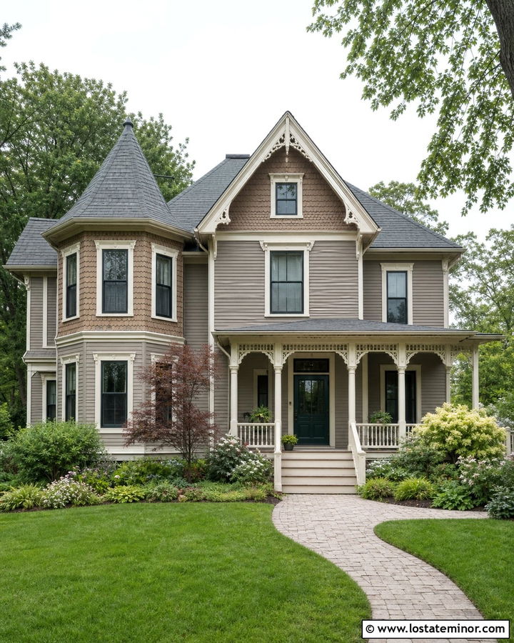 Greige Victorian House With Cedar Shake Patterns - 30 Greige House Design With Cedar Shake Ideas