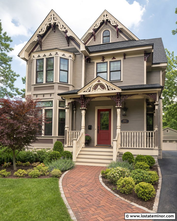 Greige Victorian House With Clay Brick Walkway - 30 Greige House Design With Walkway Ideas