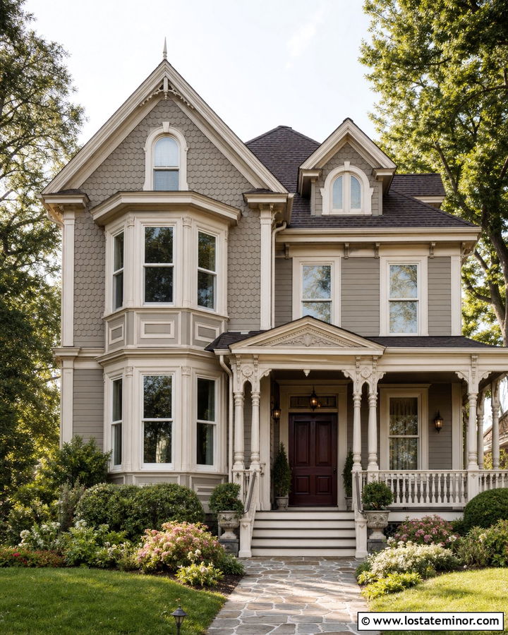 Greige Victorian House With Cream Window Frames - 30 Greige House Design With Window Frames Ideas