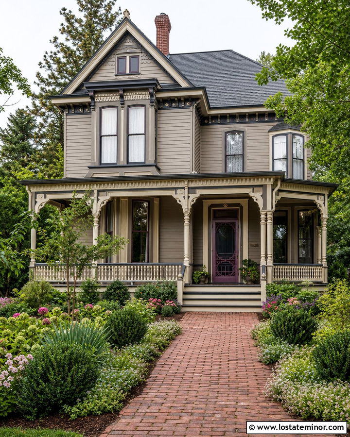 Greige Victorian House With Decorative Screen Door - 30 Greige House Design With Screen Door Ideas