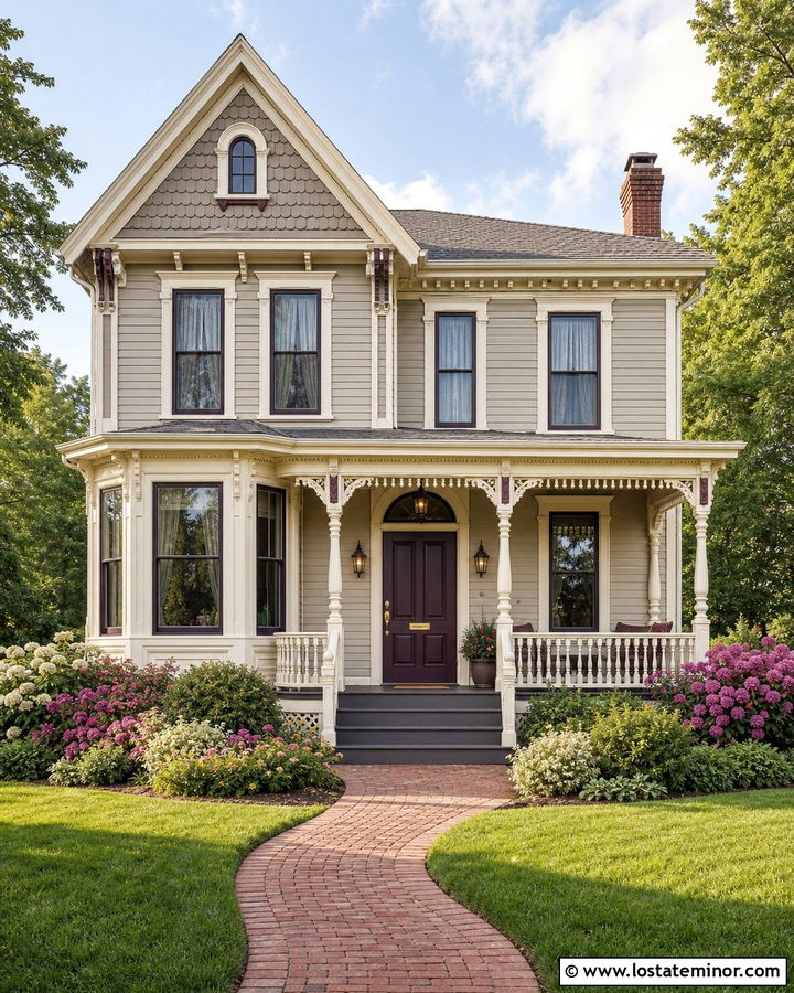 Greige Victorian House With Detailed Front Porch - 30 Greige House Design With Front Porch Ideas