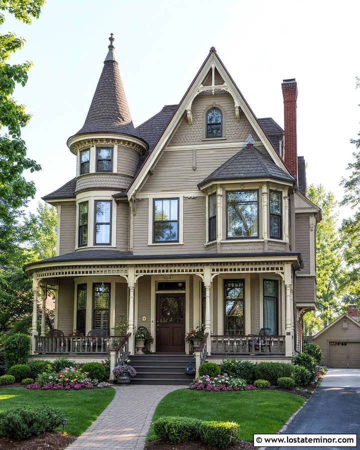 Greige Victorian House With Painted Deck - 30 Greige House Design With Deck Ideas