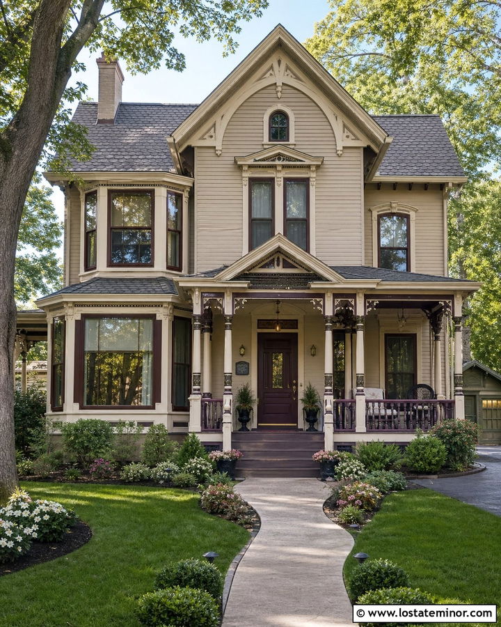 Greige Victorian House With Plum Door - 30 Greige House Design With Entry Door Ideas