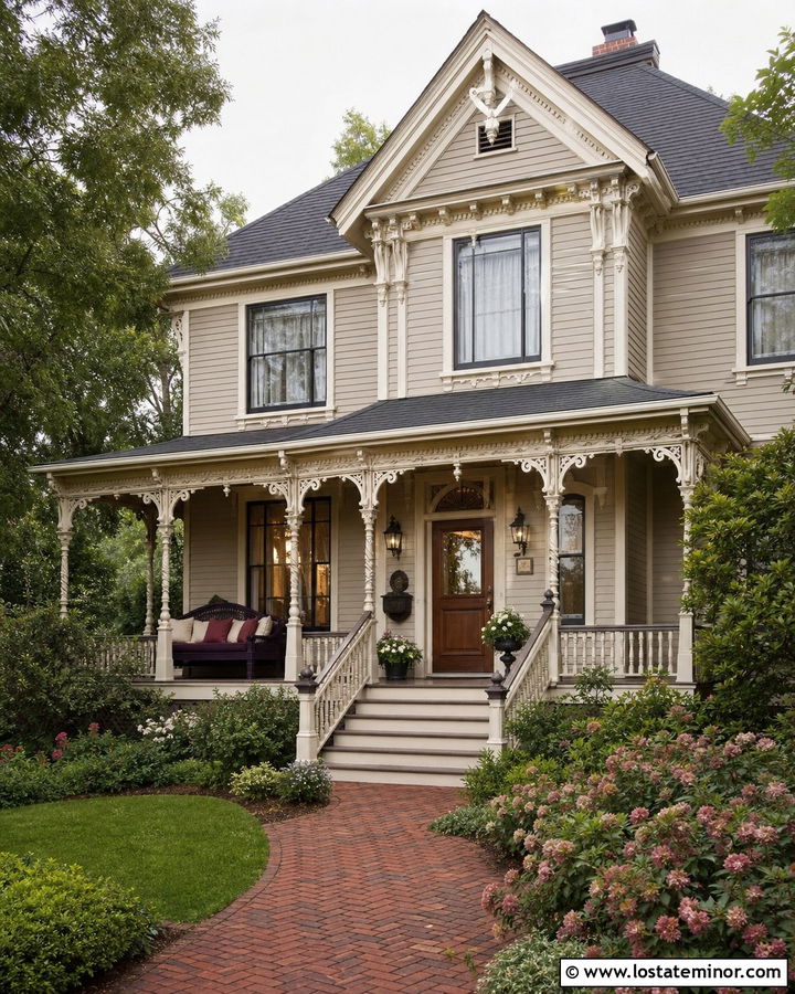 Greige Victorian House With Side Veranda Daybed - 30 Greige House Design With Daybed Ideas