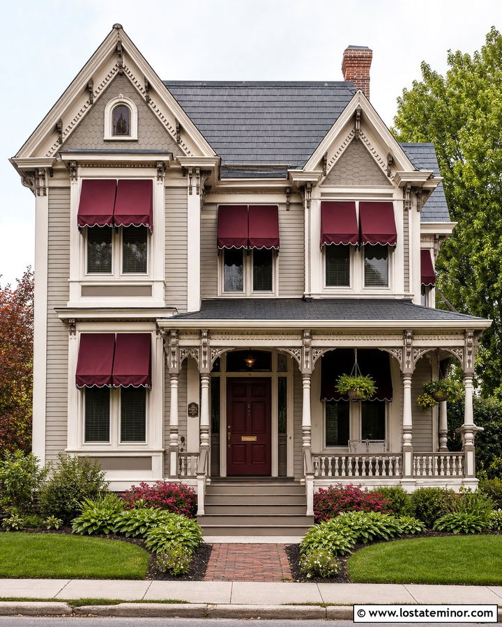 Greige Victorian With Scalloped Awnings - 30 Greige House Design With Awning Ideas