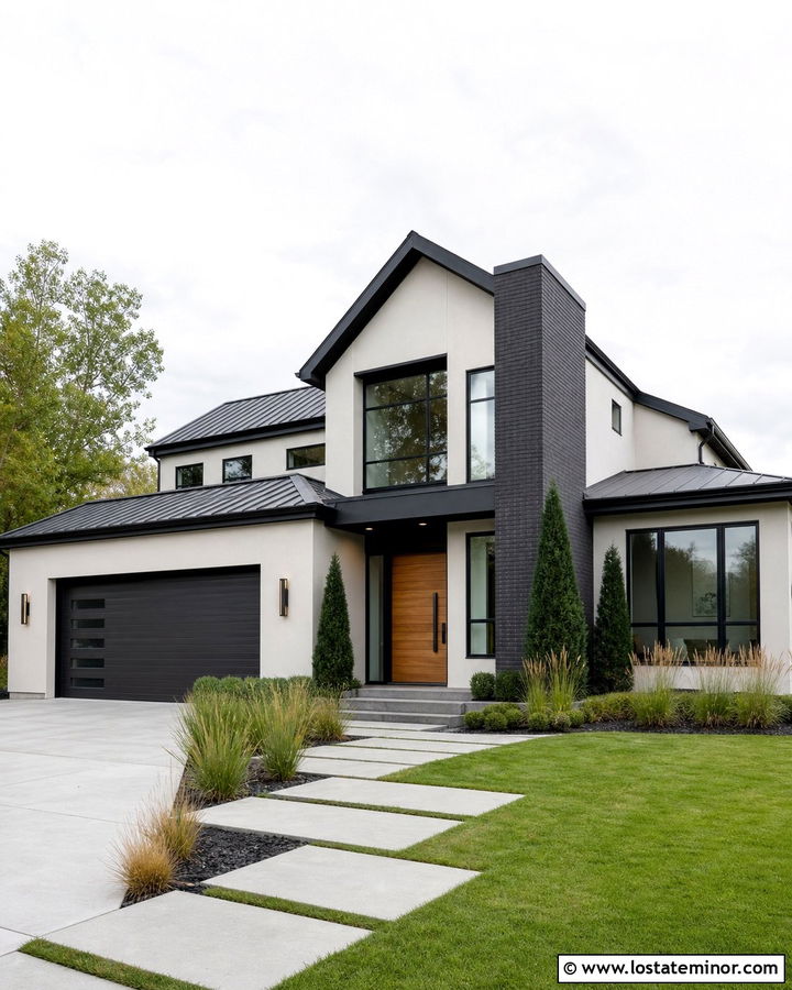 High Contrast Greige Modern House With Brick - 30 Greige House Design With Brick Accents Ideas