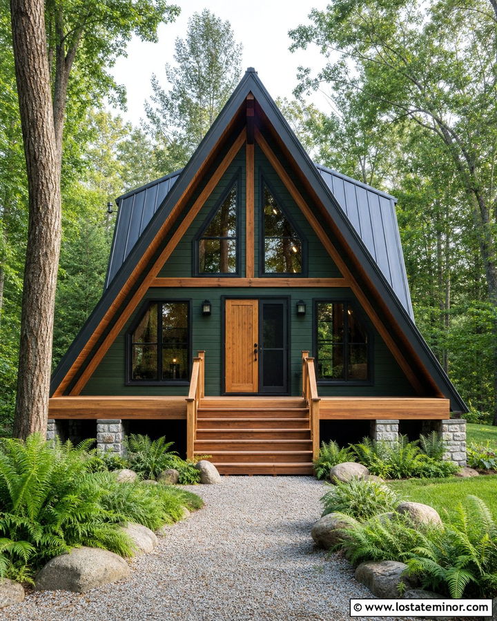 Hunter Green A Frame House With Black Screen Door - 30 Hunter Green House Design With Screen Door Ideas