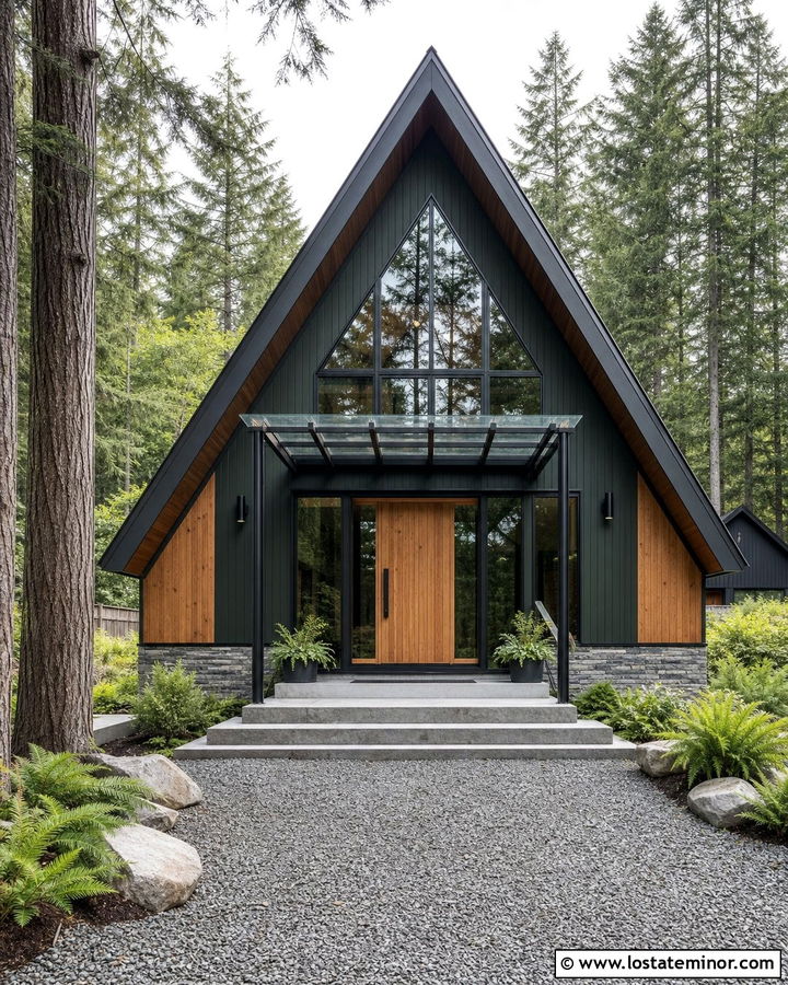 Hunter Green A Frame House With Glass Portico - 30 Hunter Green House Design With Portico Ideas