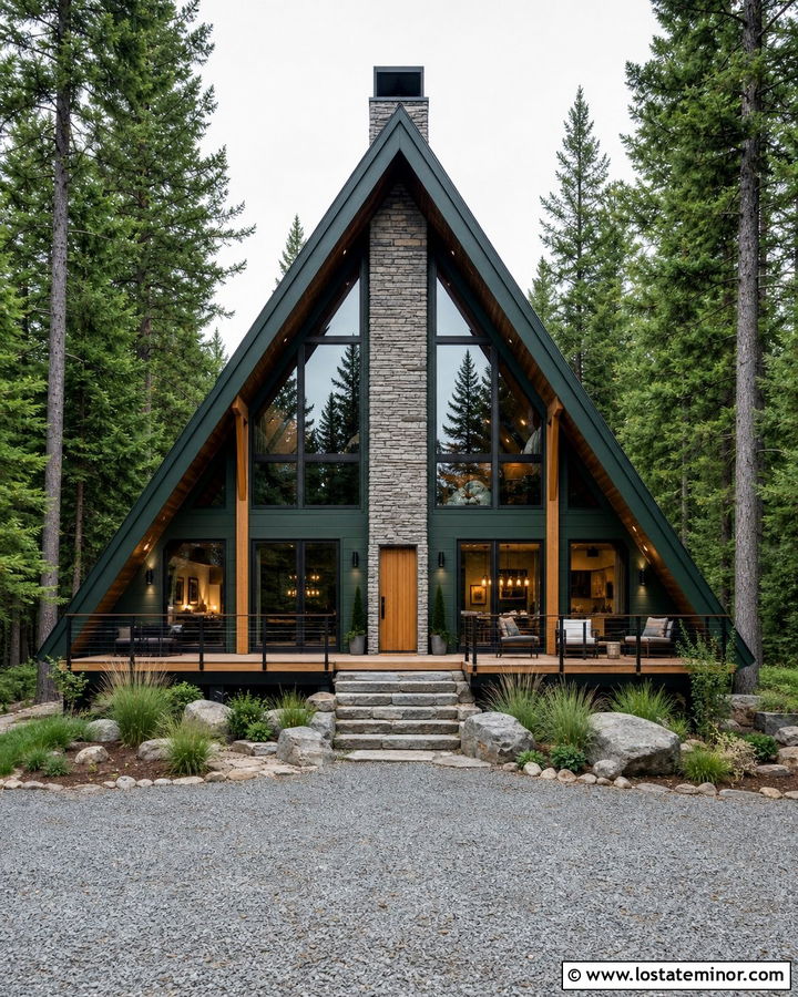Hunter Green A Frame With Front Stone Chimney - 30 Hunter Green House Design With Chimney Ideas