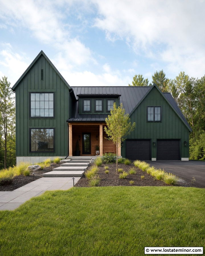 Hunter Green Barn House With Black Grid Windows - 30 Hunter Green House Design With Window Frames Ideas