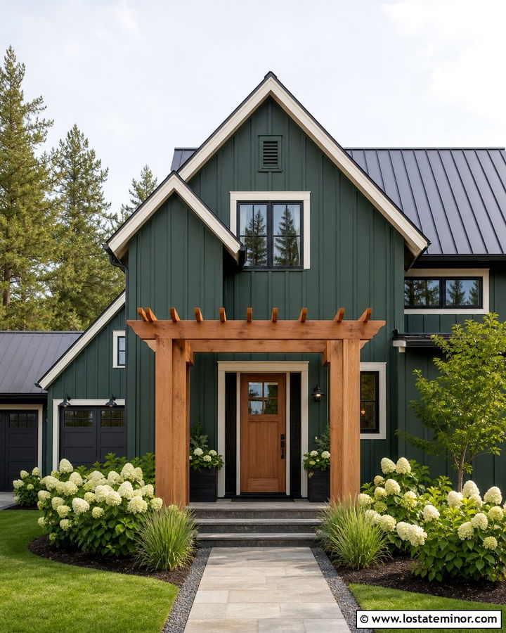 Hunter Green Board And Batten House With Pergola - 30 Hunter Green House Design With Pergola Ideas
