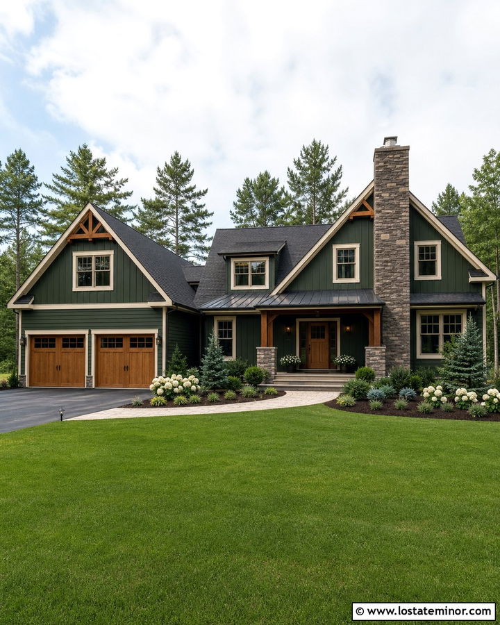 Hunter Green Board And Batten House With Stone Chimney - 30 Hunter Green House Design With Chimney Ideas