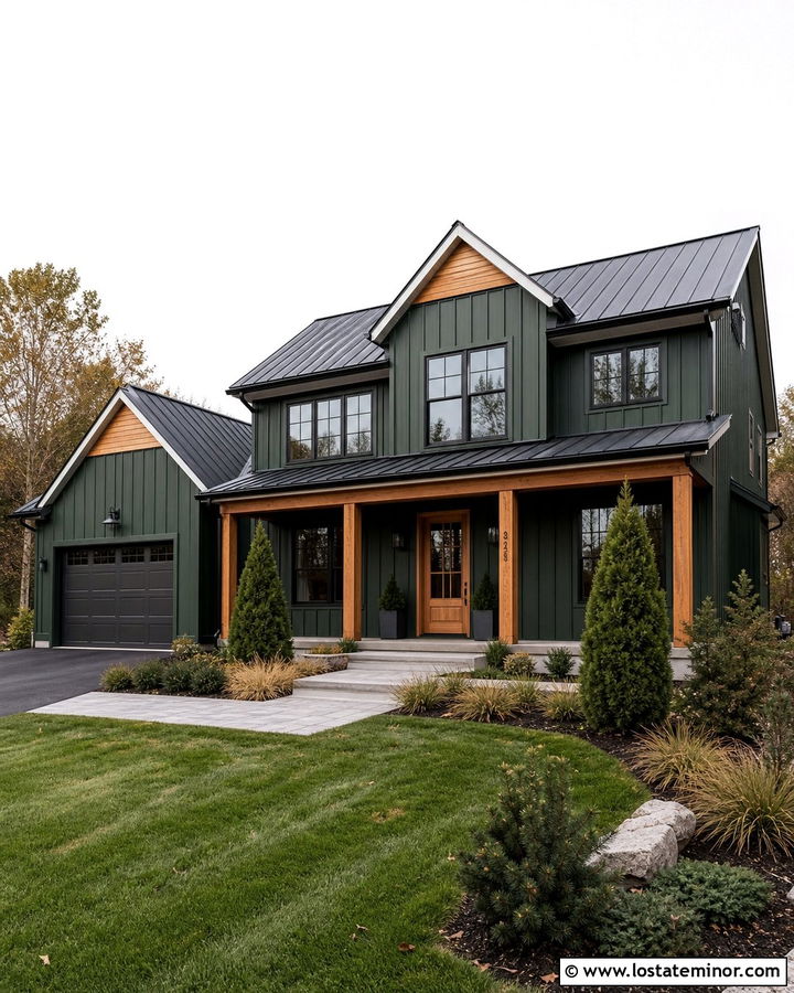 Hunter Green Board And Batten House With Wood Columns - 30 Hunter Green House Design With Porch Columns Ideas